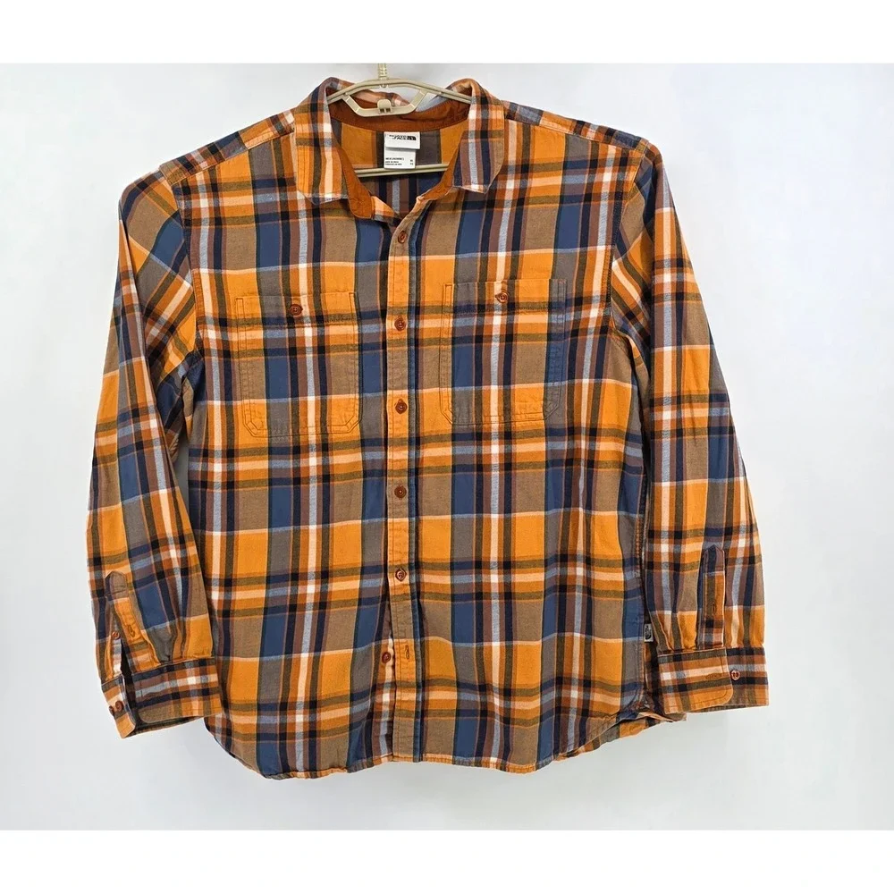 The North Face Mens XL Plaid Flannel Shirt Orange Blue Long Sleeve Cotton Hiking